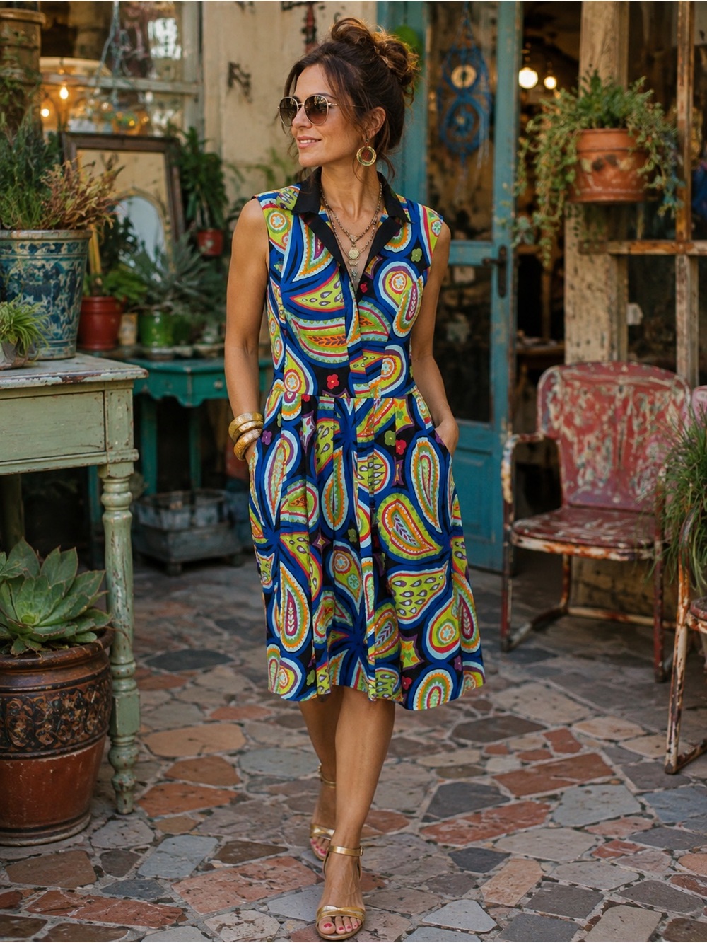 Ellen Tracy Navy Multicolor Paisley Midi Dress sleeveless with pockets